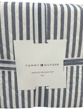Tommy Hilfiger Blue and White Striped Cotton Quilt Set 104”x96”